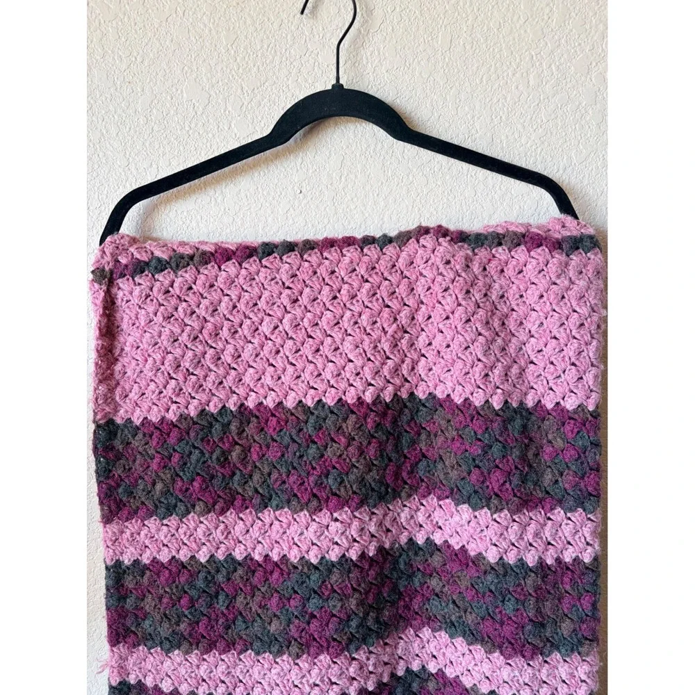Handmade Crochet Throw‎ Blanket Pink Magenta Striped Boho Fringe Popcorn Stitch